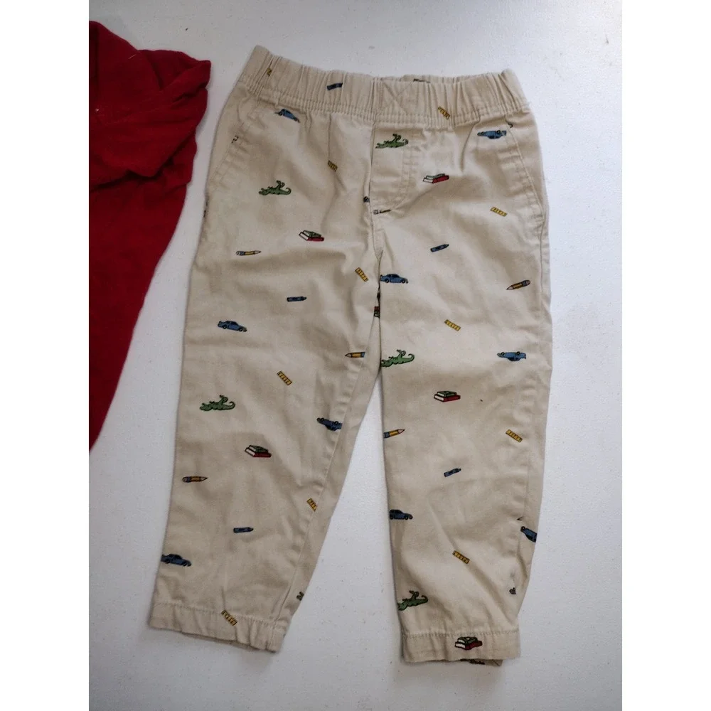 Carters Toddler Boy 2T Red Long Sleeve Polo &‎ Dinosaur Print Khaki Pants Set